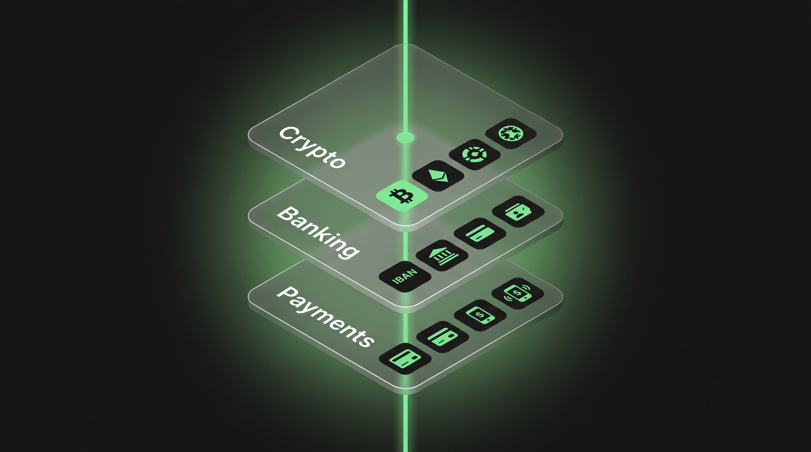 The Boldrails money stack: layered cards for Payments, Banking and Crypto in one connected stack